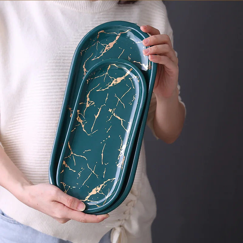 Junips | Nordic Ins Ceramic Marble Oval Tray Jewelry Storage Tray Accessories Soap Holder Golden Wave Bathroom Cup Bath Decoration