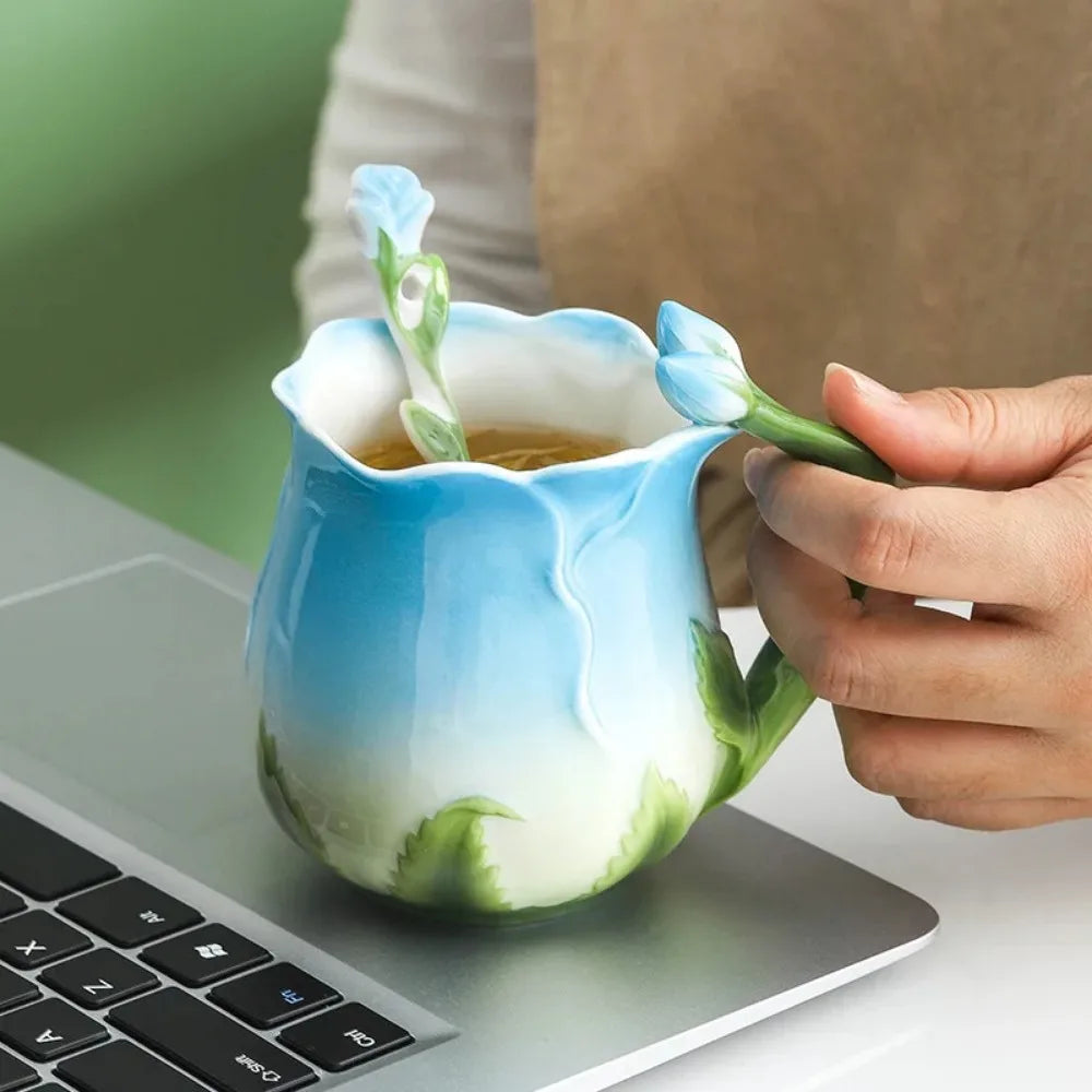 Junips | 3D Rose Flower Coffee Mug Ceramic Coffee Mugs Cute Aesthetic Water Cups with Spoon Summer Winter Drinking Utensils Valentine's Day Gifts