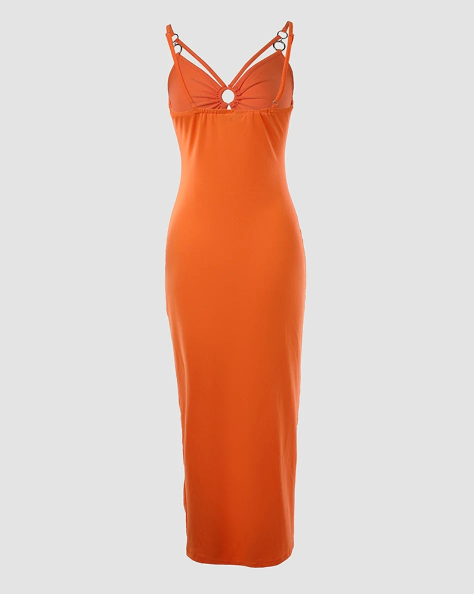 Women's Bright Orange Spaghetti Strap Chain Dress – Deep V Cutout Bodycon Maxi with Slit for a Sexy Spring/Summer Party Look