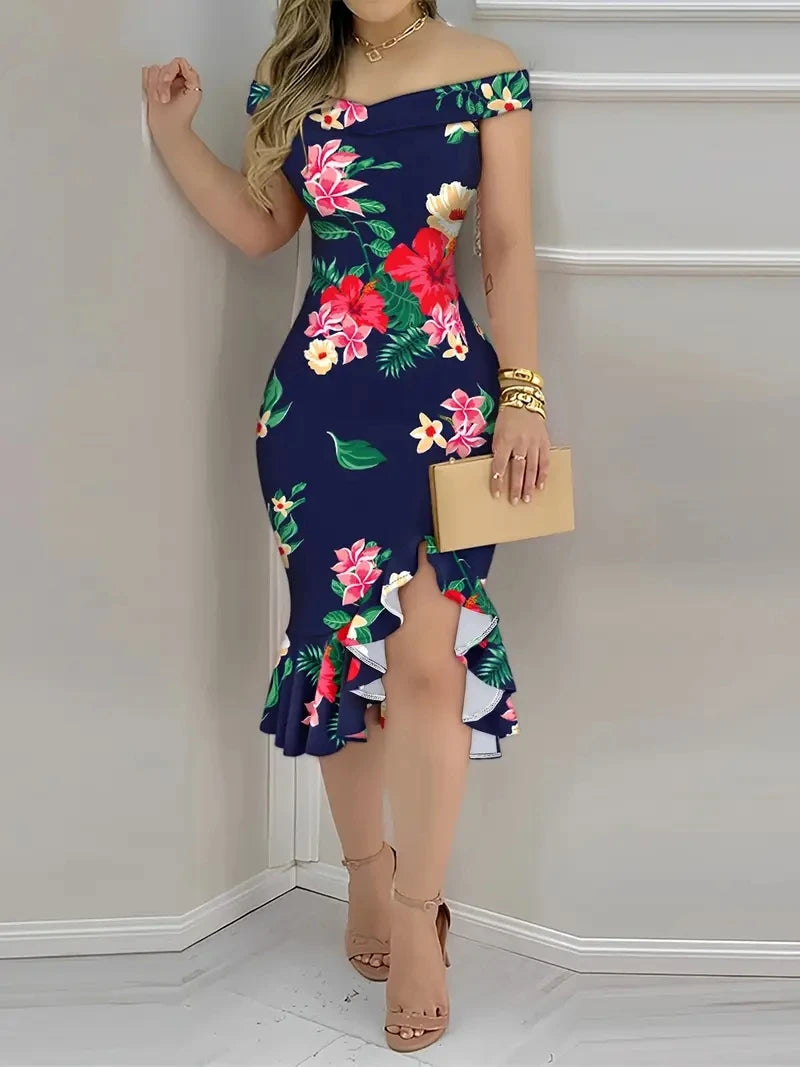 Womens Off Shoulder Plaid Bodycon Midi Dress Ruffle Hem Split Mermaid Cocktail Party Dress