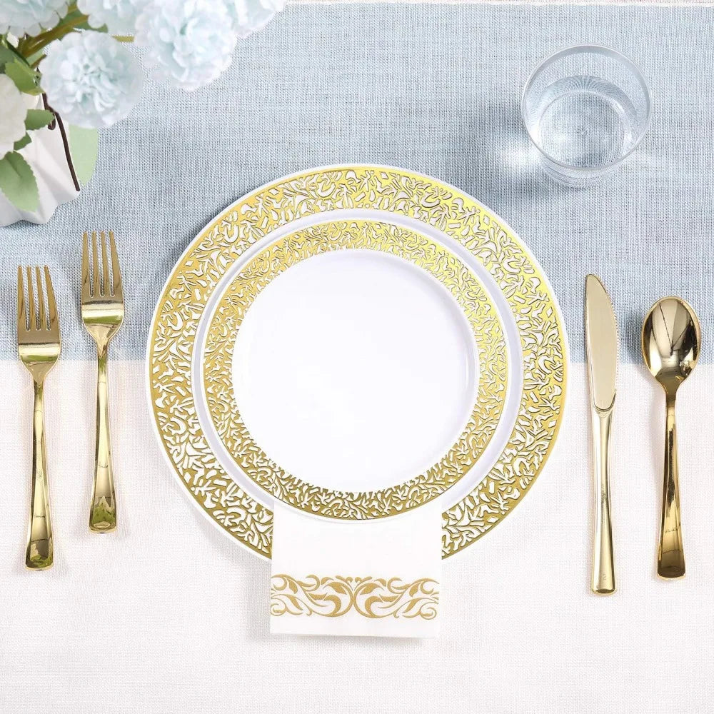 Junips | 350pcs Disposable Gold Lace Dinnerware Set for 50 Guests