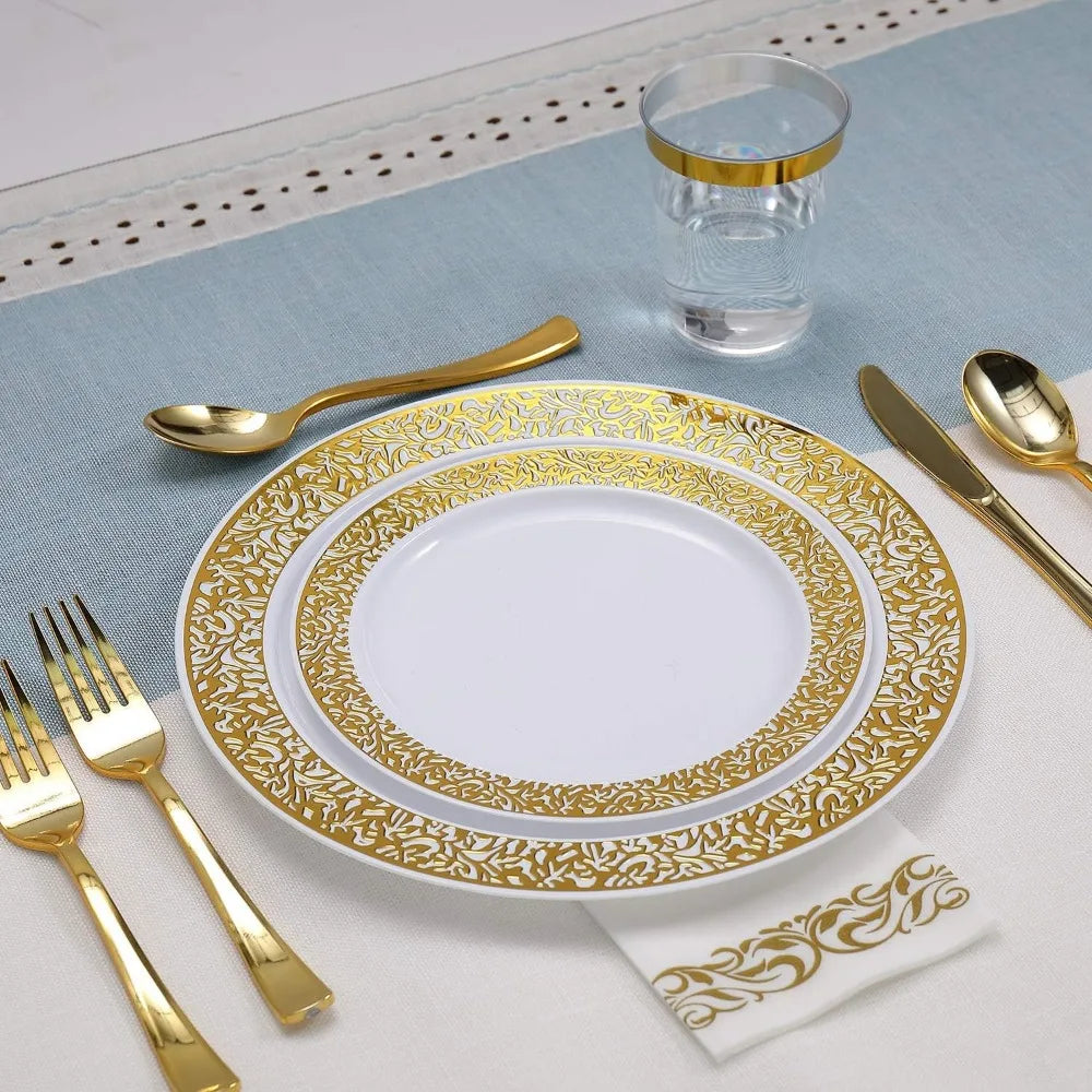 Junips | 350pcs Disposable Gold Lace Dinnerware Set for 50 Guests