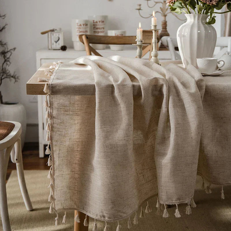 Junips | 2023 Cotton-Linen Tablecloth with Tassels, Rectangular Tablecloth for Dining Table, Coffee-Tea Tablecloths, Wedding Easter Decoration