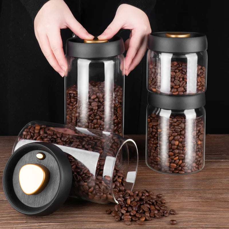 Junips | GIANXI Vacuum Sealed Jug, Coffee Beans, Glass, Airtight Canister, Food, Grains, Sweets, Fresh Keeping Container, Kitchen Accessories