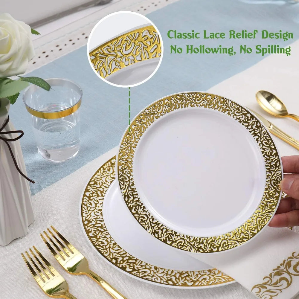 Junips | 350pcs Disposable Gold Lace Dinnerware Set for 50 Guests