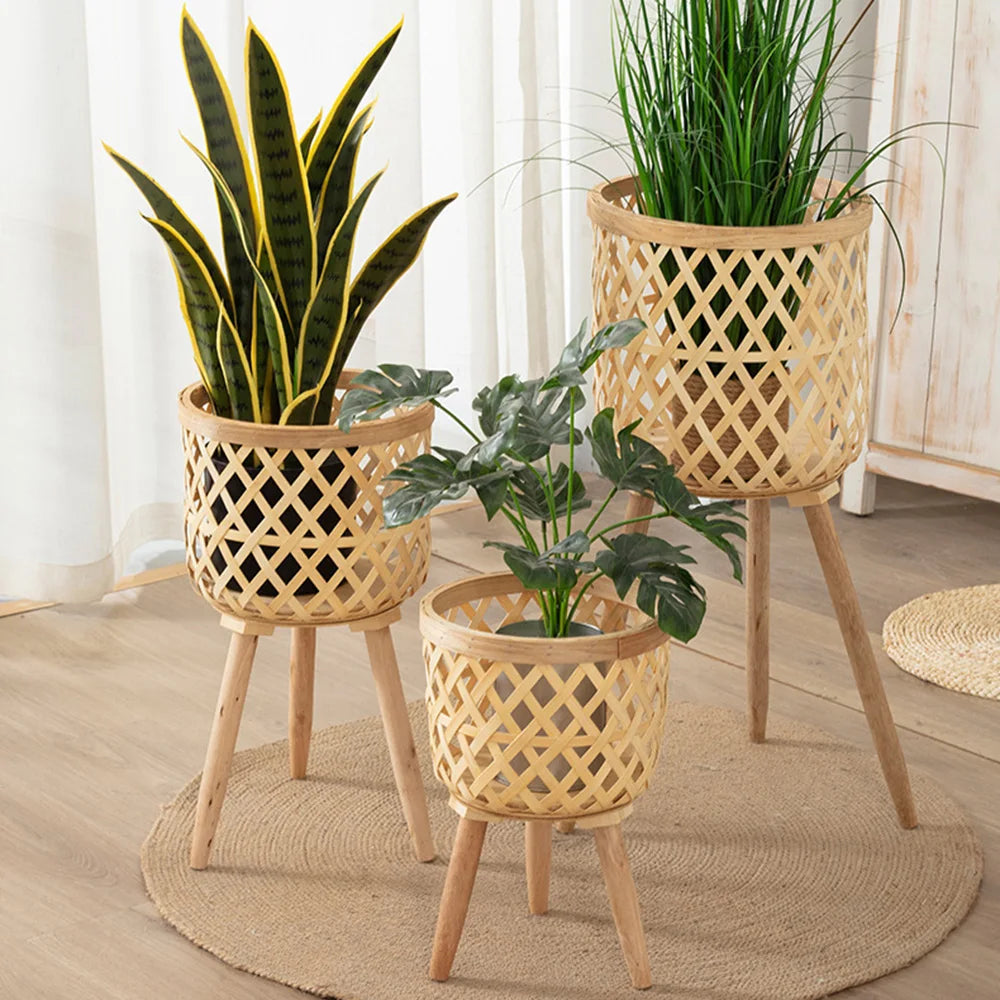 Junips | Handcrafted Bamboo Woven Flower Pot with Stand Plant Flower Display Storage Stand DIY Storage Children's Plant Pots Home Decor