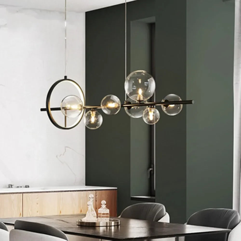Junips | Modern creative metal chandelier lighting: 7/10 clear glass bubbles, long round design with G9 light socket