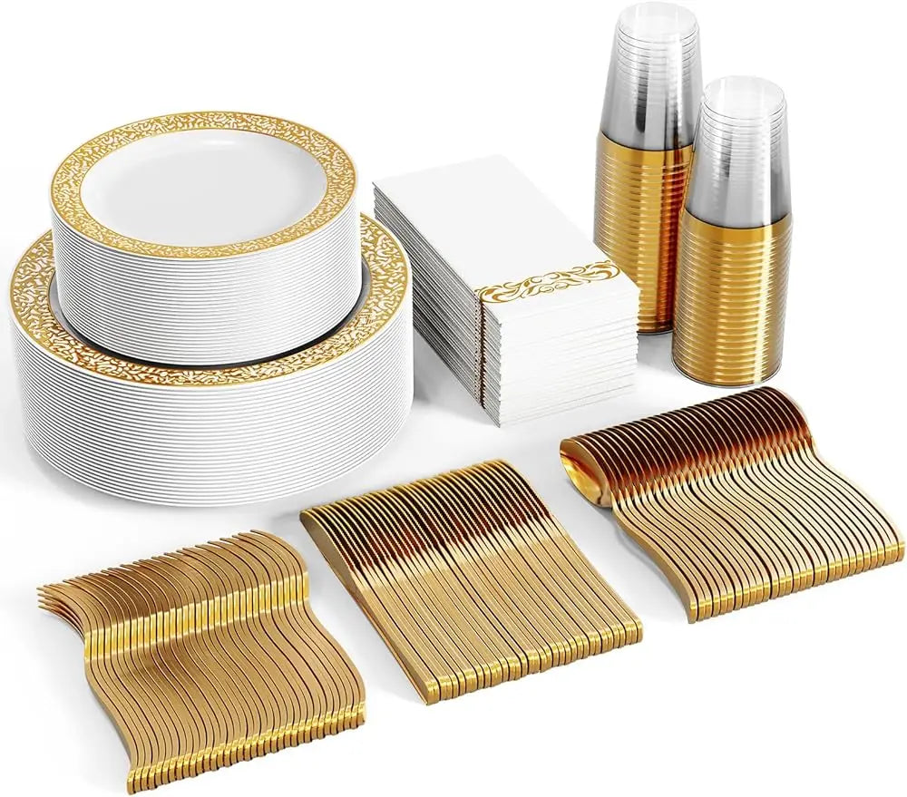 Junips | 350pcs Disposable Gold Lace Dinnerware Set for 50 Guests
