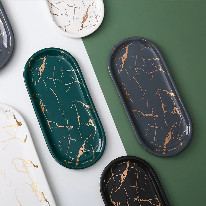 Junips | Nordic Ins Ceramic Marble Oval Tray Jewelry Storage Tray Accessories Soap Holder Golden Wave Bathroom Cup Bath Decoration