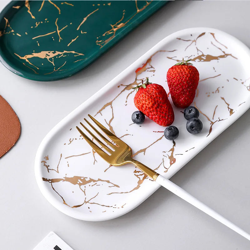 Junips | Nordic Ins Ceramic Marble Oval Tray Jewelry Storage Tray Accessories Soap Holder Golden Wave Bathroom Cup Bath Decoration
