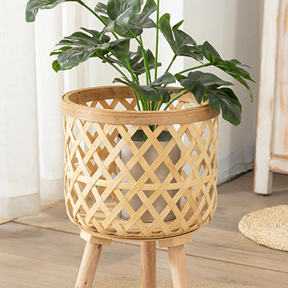 Junips | Handcrafted Bamboo Woven Flower Pot with Stand Plant Flower Display Storage Stand DIY Storage Children's Plant Pots Home Decor