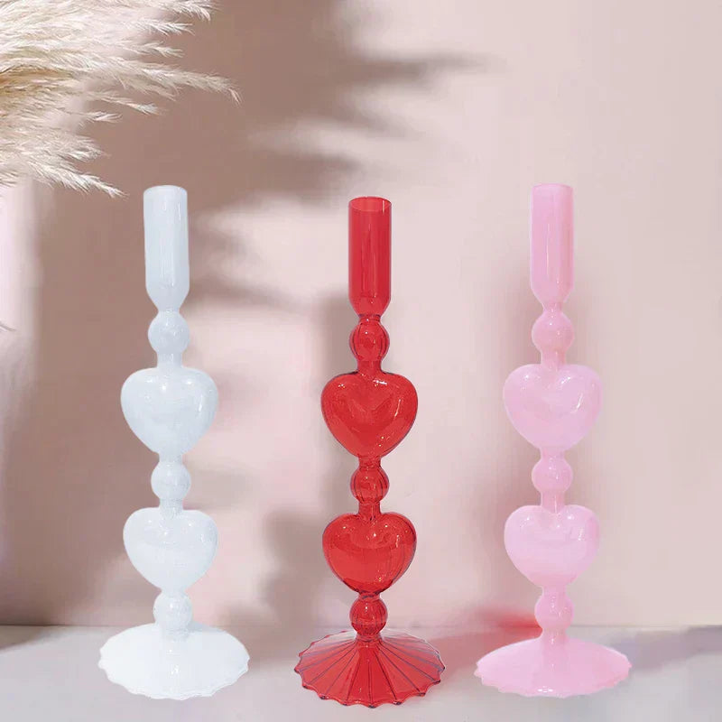 Junips | Retro Taper Candle Holder Red Heart Shape Glass Candle Holder Wedding Table Decoration Home Party Glass Vase Decor