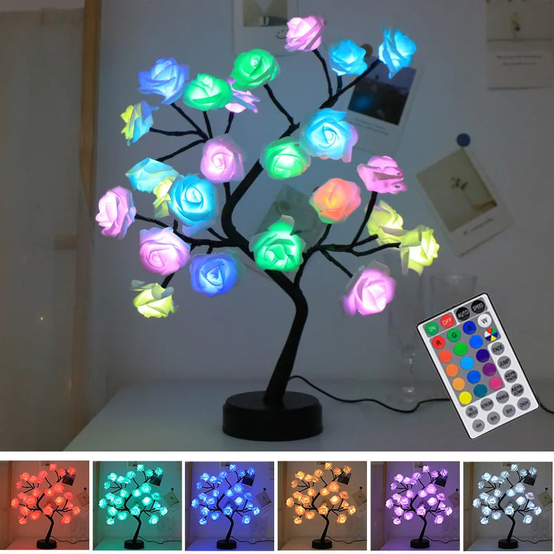 Junips | RGB Rose Flower Tree Lights 24LED USB Battery Table Lamp Fairy Night Light Home Party Christmas Wedding Bedroom Decoration Gift