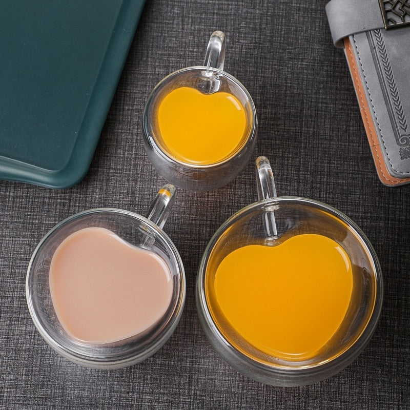 Junips | Heart Love Shape Glass Mug Double-Walled Coffee Cups Insulated Tea Milk Lemon Juice Water Cup Heat-Resistant Drinkware Lover Gift
