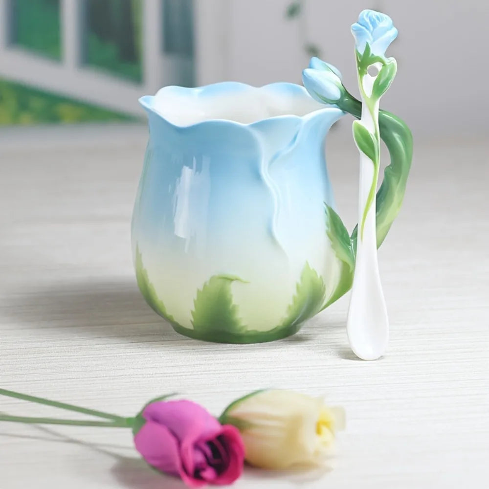 Junips | 3D Rose Flower Coffee Mug Ceramic Coffee Mugs Cute Aesthetic Water Cups with Spoon Summer Winter Drinking Utensils Valentine's Day Gifts