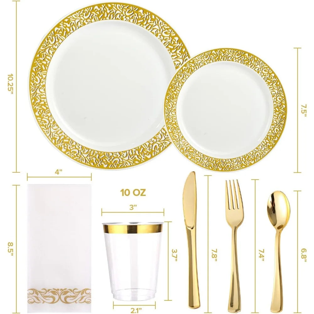 Junips | 350pcs Disposable Gold Lace Dinnerware Set for 50 Guests