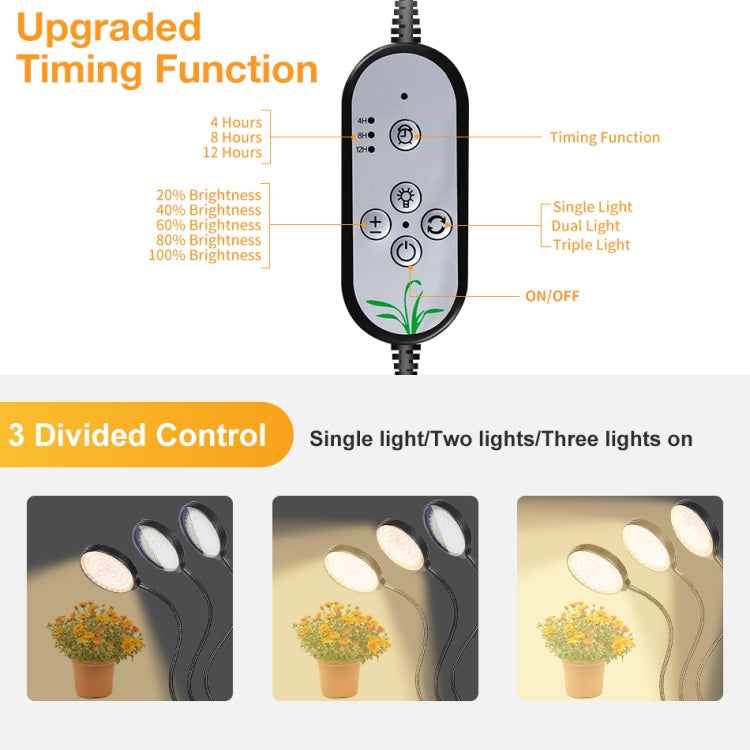 Junips | LED Plant Growth Lamp USB Remote Control Clip Waterproof Full Spectrum Natural White Seedling Plant Light, Power: 45W Three Heads