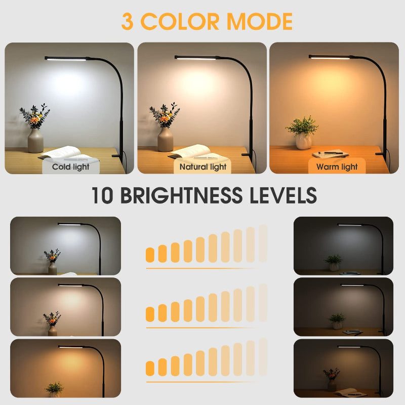 Junips | LED Desk Lamp with Lamp, eye-friendly Clip-On Lights for the Home Office, 3 Modes 10 Brightness Levels, long flexible Gooseneck, Metal, Swing Arm Architect Task Desk Lamps with USB Adapter, White