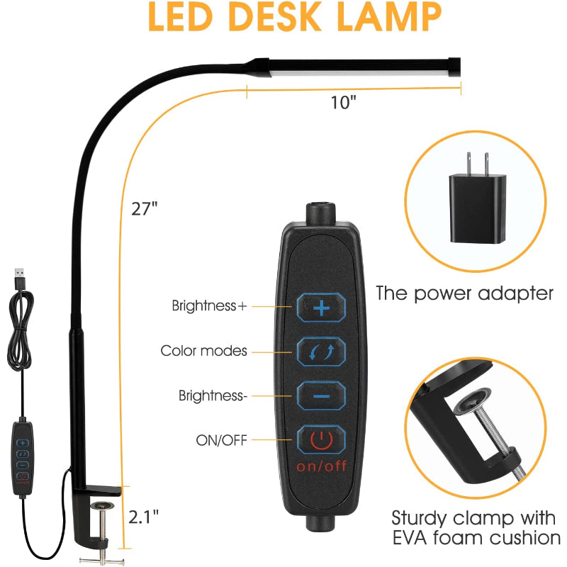 Junips | LED Desk Lamp with Lamp, eye-friendly Clip-On Lights for the Home Office, 3 Modes 10 Brightness Levels, long flexible Gooseneck, Metal, Swing Arm Architect Task Desk Lamps with USB Adapter, White