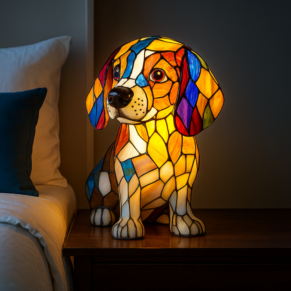 Junips | Stained Glass Dog Shaped Night Lamp with Color Changing LED – Decorative Table Lamp for Bedroom and Living Room
