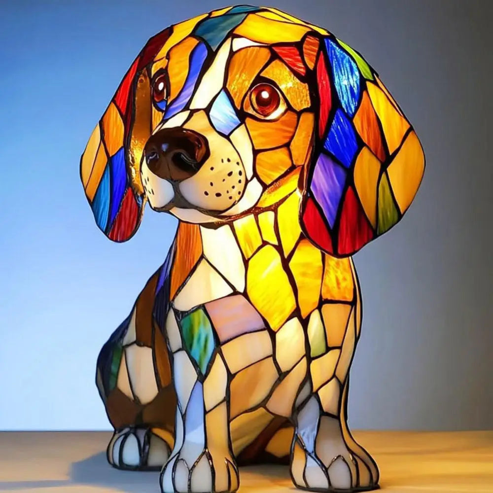 Junips | Stained Glass Dog Shaped Night Lamp with Color Changing LED – Decorative Table Lamp for Bedroom and Living Room