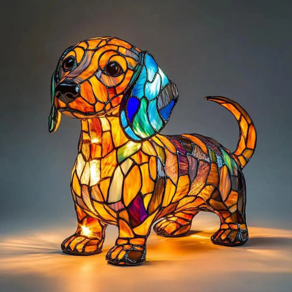 Junips | Stained Glass Dog Shaped Night Lamp with Color Changing LED – Decorative Table Lamp for Bedroom and Living Room