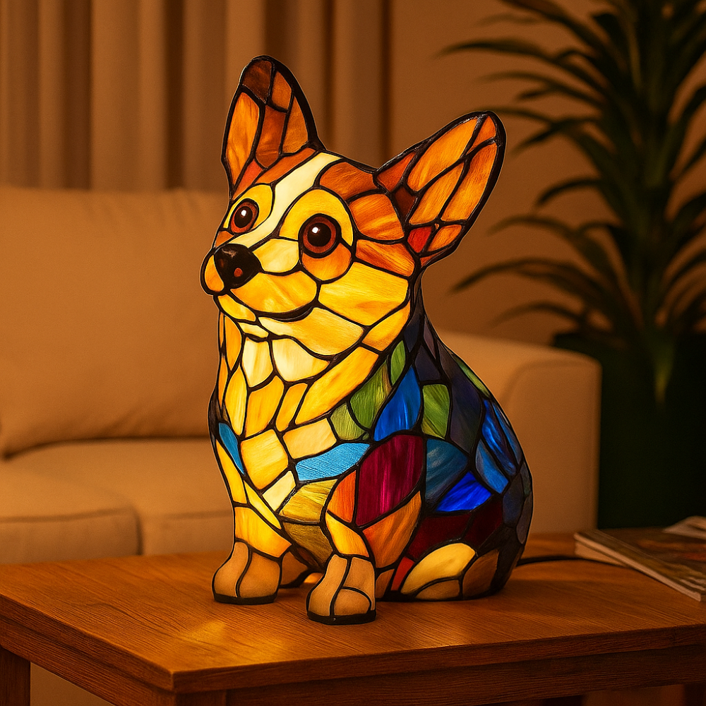 Junips | Stained Glass Dog Shaped Night Lamp with Color Changing LED – Decorative Table Lamp for Bedroom and Living Room