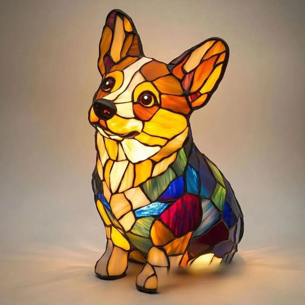 Junips | Stained Glass Dog Shaped Night Lamp with Color Changing LED – Decorative Table Lamp for Bedroom and Living Room