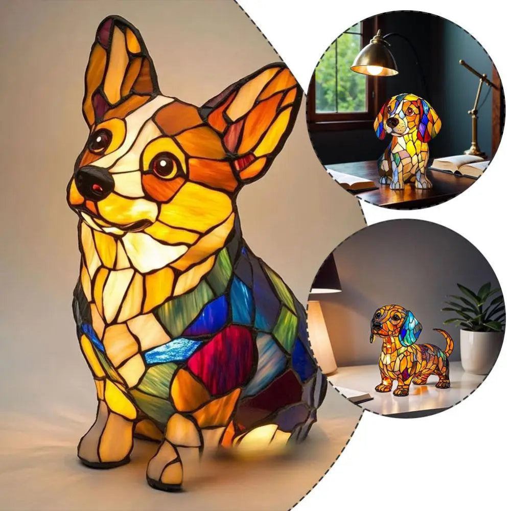 Junips | Stained Glass Dog Shaped Night Lamp with Color Changing LED – Decorative Table Lamp for Bedroom and Living Room