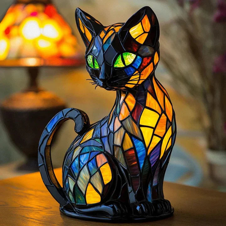Junips | Stained glass cat-shaped table lamp with LED lighting – 30-36 cm