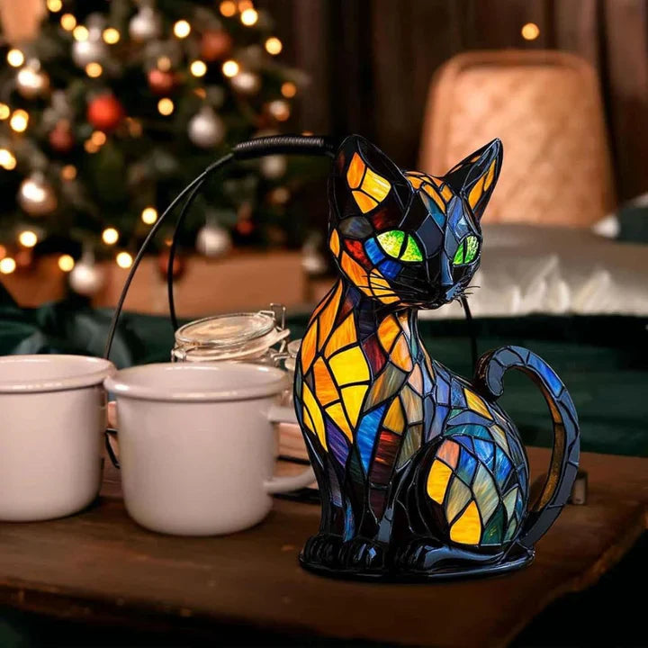 Junips | Stained glass cat-shaped table lamp with LED lighting – 30-36 cm