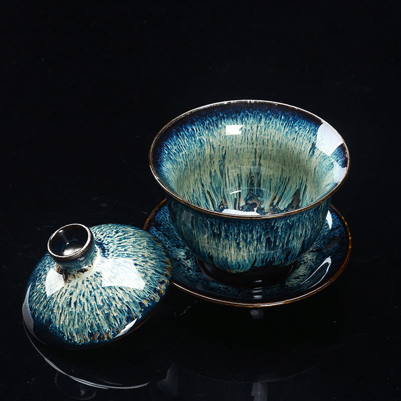Junips | Vintage Kiln Ceramic Gaiwan Sancai Tea Cup Tea Cup and Saucer with Lid