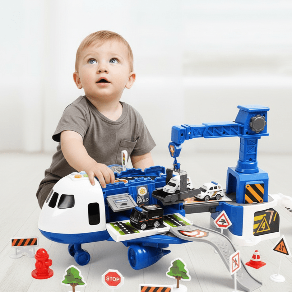 Junips | Adventure Airplane & Vehicle Toy Set | Industrial-Grade Non-Toxic ABS | ASTM & EN71 Compliant | 4-Piece Friction-Powered Transport System | Fine Motor Skill Development Kit