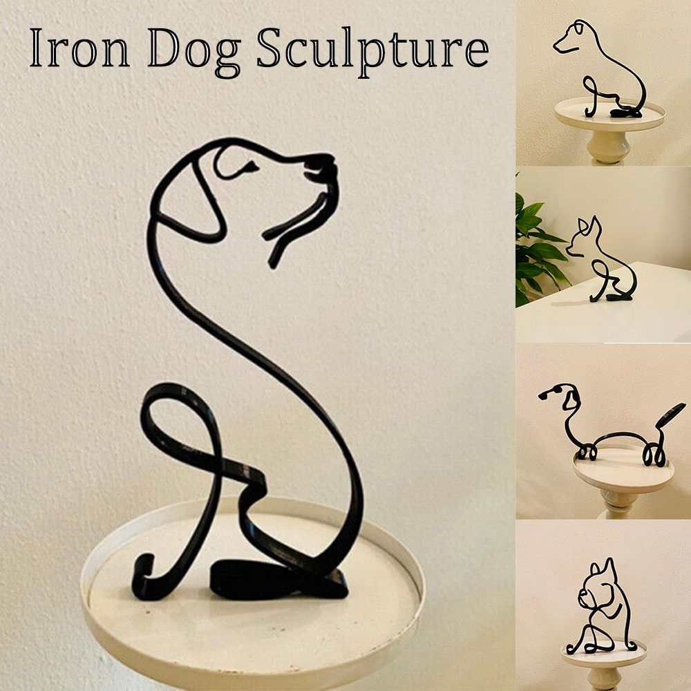 Junips | Tier Kunst Eisen Skulptur Retro Metall schwarze Linien Katze Hund Schreibtisch Ornament