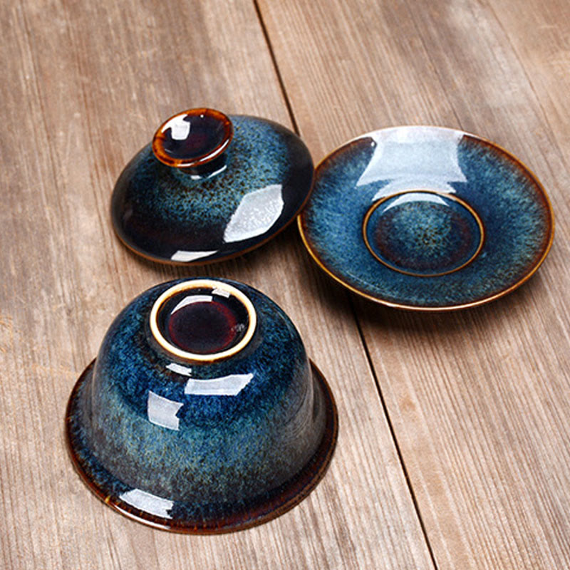 Junips | Vintage Kiln Ceramic Gaiwan Sancai Tea Cup Tea Cup and Saucer with Lid