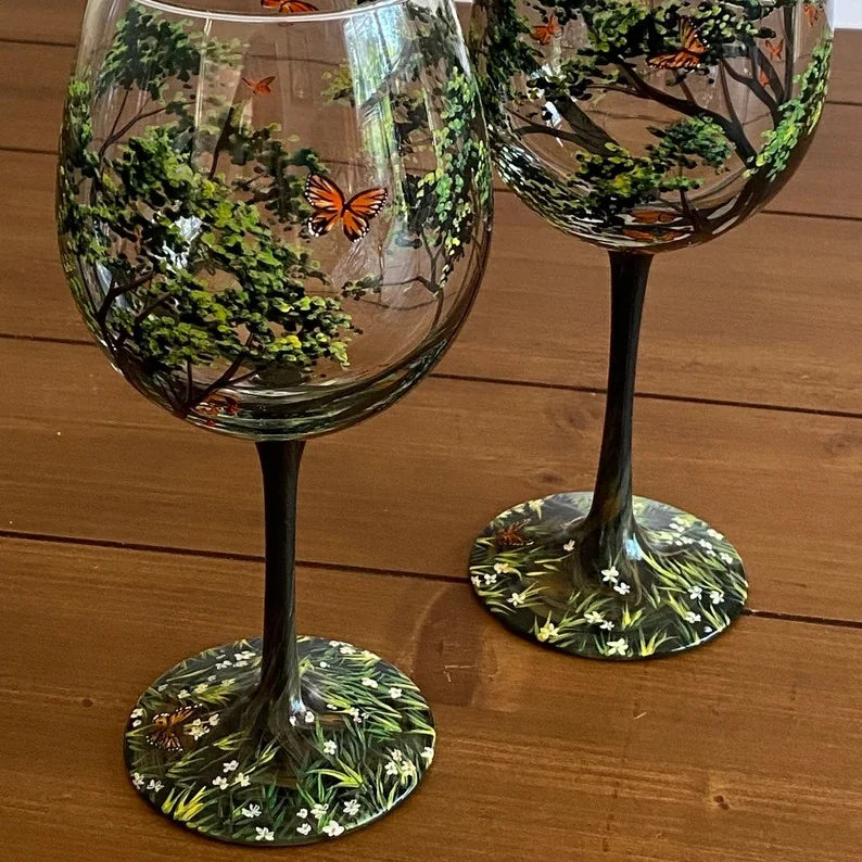 Junips | Hand Painted Four Seasons Tree Wine Glasses | Unique Art