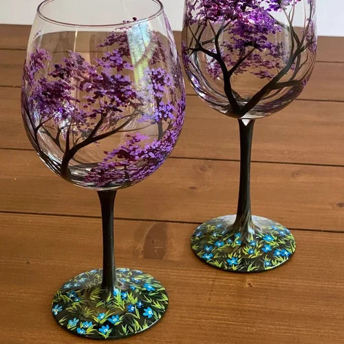 Junips | Hand Painted Four Seasons Tree Wine Glasses | Unique Art