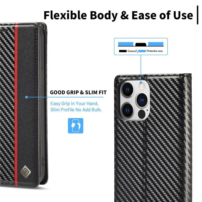 Junips | S23 Phone case | Card holder made of carbon fiber leather with magnetic closure