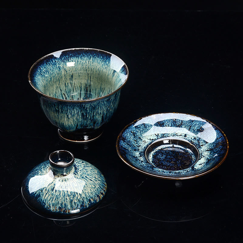 Junips | Vintage Kiln Ceramic Gaiwan Sancai Tea Cup Tea Cup and Saucer with Lid