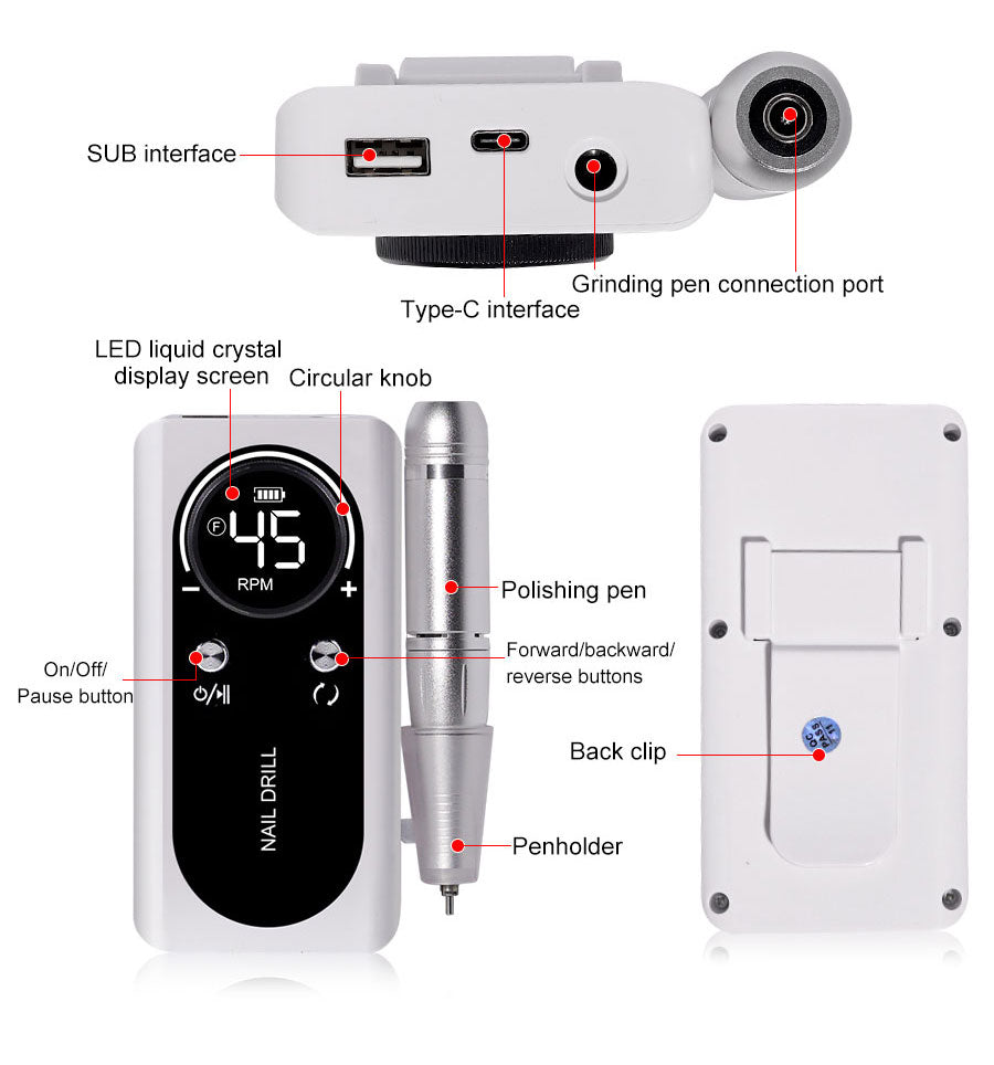 Junips | Professional 45000RPM portable electric nail file with rechargeable battery | Low noise level for manicure