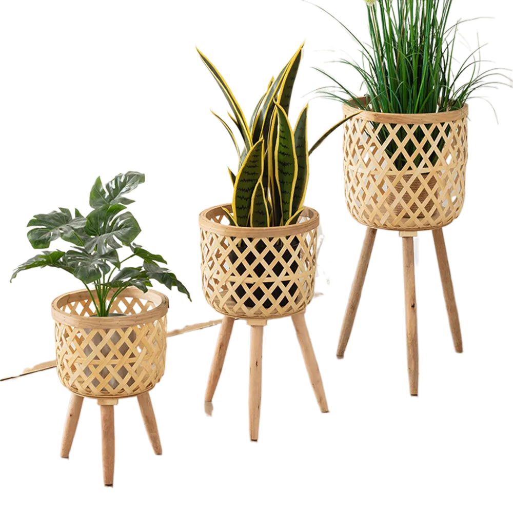 Junips | Handcrafted Bamboo Woven Flower Pot with Stand Plant Flower Display Storage Stand DIY Storage Children's Plant Pots Home Decor