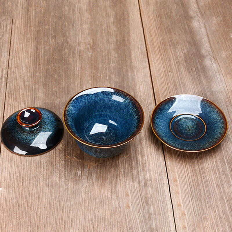 Junips | Vintage Kiln Ceramic Gaiwan Sancai Tea Cup Tea Cup and Saucer with Lid