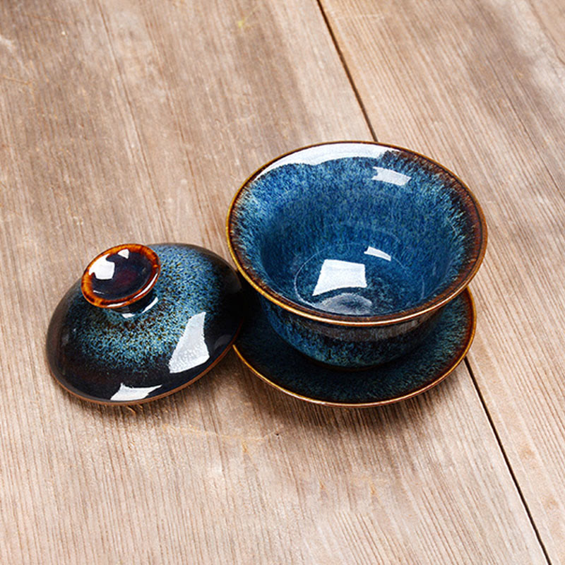Junips | Vintage Kiln Ceramic Gaiwan Sancai Tea Cup Tea Cup and Saucer with Lid