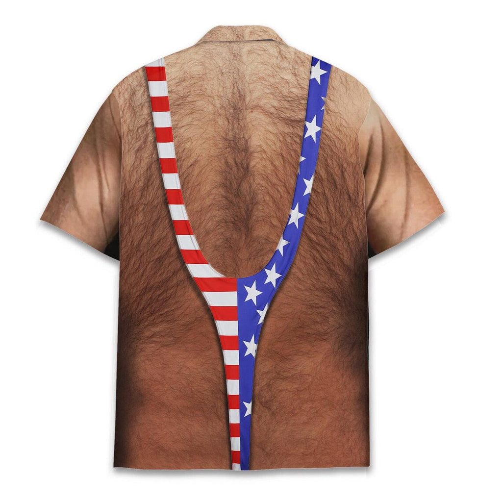 American Flag Funny Hawaiian Shirt Men, Patriotic Chest Hair Illusion Aloha Shirt, 4th of July Button Up Shirt, Independence Party Outfit