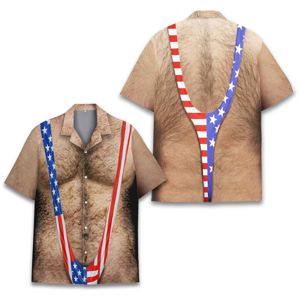 American Flag Funny Hawaiian Shirt Men, Patriotic Chest Hair Illusion Aloha Shirt, 4th of July Button Up Shirt, Independence Party Outfit