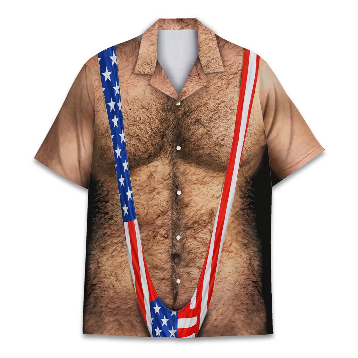American Flag Funny Hawaiian Shirt Men, Patriotic Chest Hair Illusion Aloha Shirt, 4th of July Button Up Shirt, Independence Party Outfit