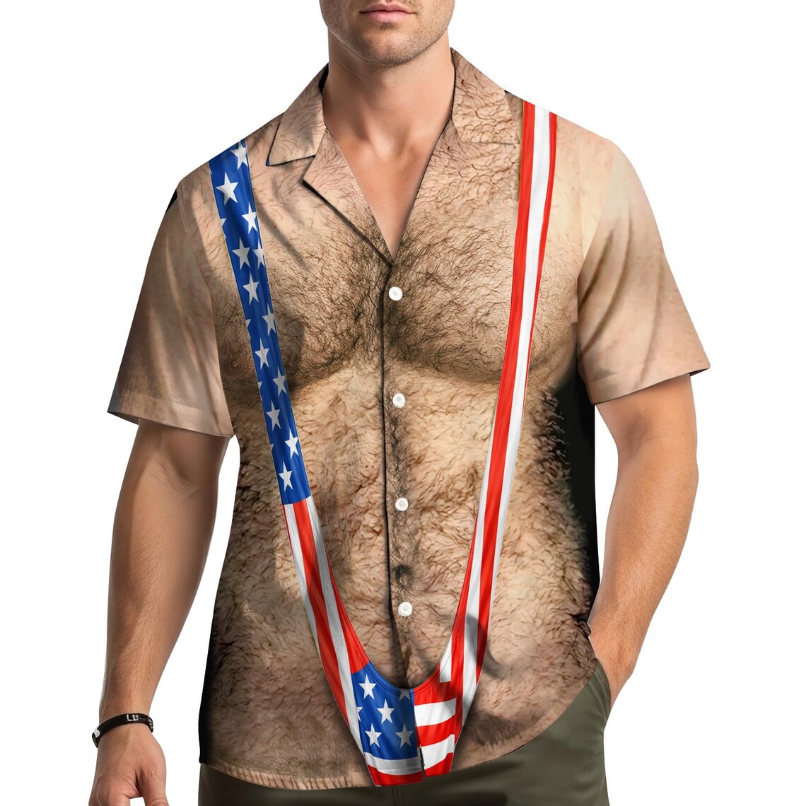 American Flag Funny Hawaiian Shirt Men, Patriotic Chest Hair Illusion Aloha Shirt, 4th of July Button Up Shirt, Independence Party Outfit