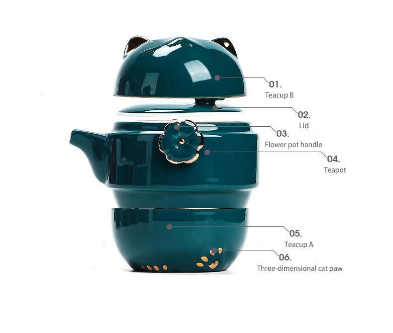 Junips | Ceramic-Lucky-Cat-Kuai-Ke-Cup – Porcelain tea cup with strainer, filter and lid, portable tea/coffee cup set for office, travel, tea ware