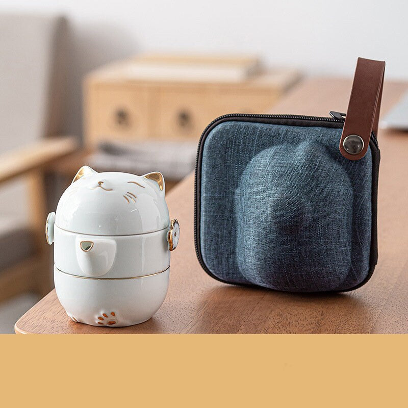 Junips | Ceramic-Lucky-Cat-Kuai-Ke-Cup – Porcelain tea cup with strainer, filter and lid, portable tea/coffee cup set for office, travel, tea ware