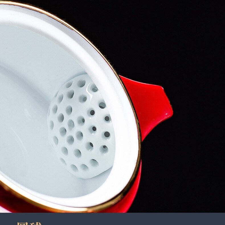 Junips | Ceramic-Lucky-Cat-Kuai-Ke-Cup – Porcelain tea cup with strainer, filter and lid, portable tea/coffee cup set for office, travel, tea ware